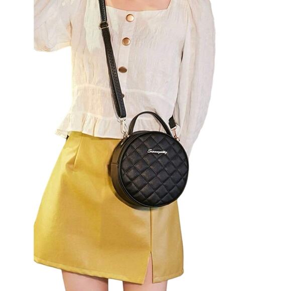 Pinkdivastudio Handbags - Quilted Faux Leather Top Handle Shoulder Crossbody Black Gold  Circle Handbag